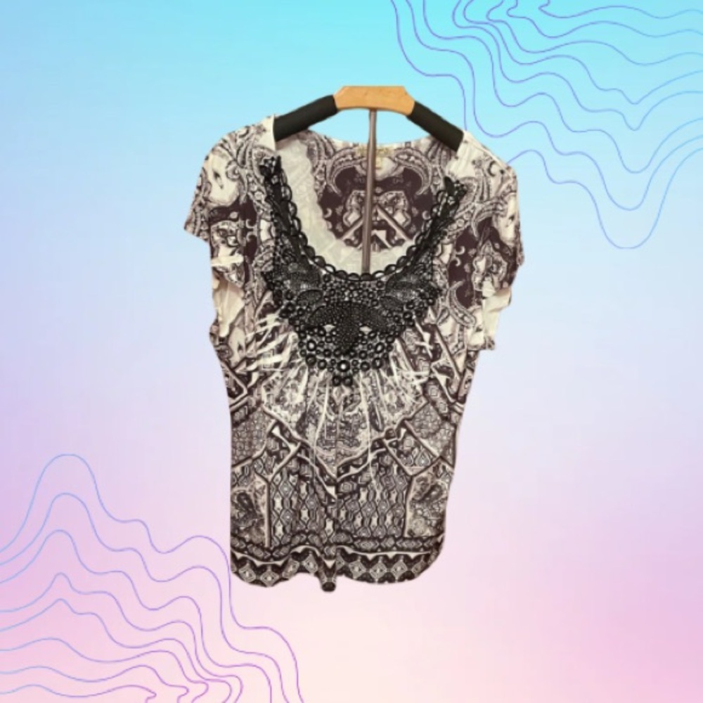 ENERGE Black & White Beaded Printed Top Size XL